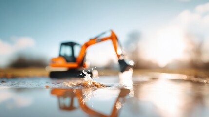 Excavator working in a puddle on a flooded construction site, splashing water, with a blurred background of trees and sunlight creating a dynamic and vibrant atmosphere