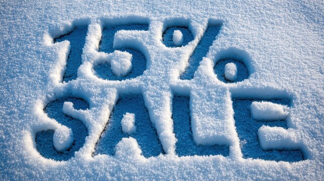 Snowy surface with text "15 percent off SALE" creatively etched in frost, capturing a winter promotional theme, ideal for seasonal marketing and advertising campaigns