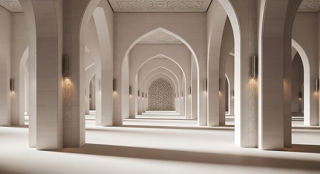 Grand mosque interior with islamic architecture and geometric patterns
