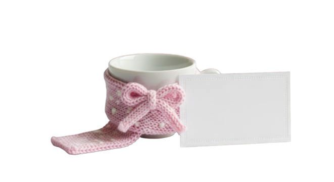 Warm cup with knitted cozy and blank card isolated on transparent background—winter concept - Powered by Adobe