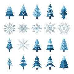 Obraz premium Winter Trees and Snowflakes Decorative Vector Set, Minimal Seasonal Elements, Isolated PNG