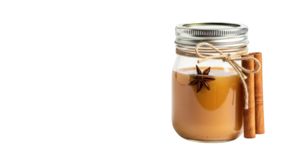 Mason jar with tea and cinnamon sticks isolated on a transparent background