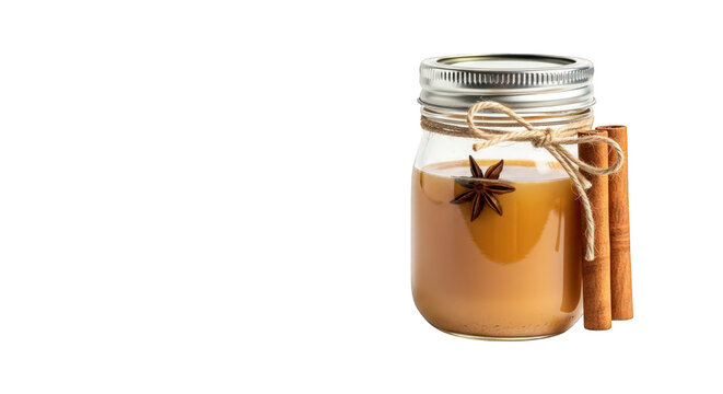 Mason jar with tea and cinnamon sticks isolated on a transparent background