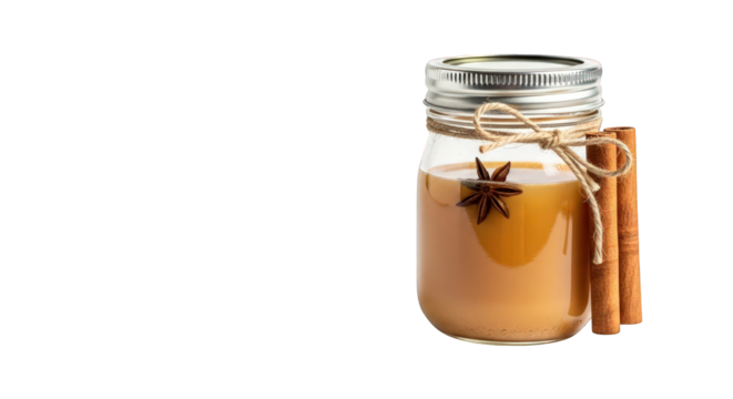 Mason jar with tea and cinnamon sticks isolated on a transparent background