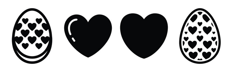 heart pattern egg Easter silhouette art, black color and white background