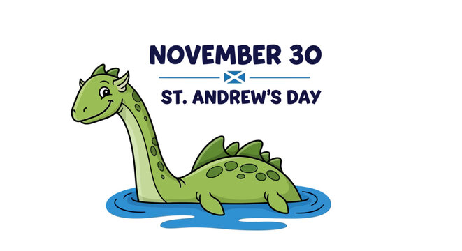 Celebrate St. Andrew's Day on November 30th with a Loch Ness Monster themed design, ideal for event promotion and Scottish culture materials