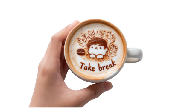 PNG latte coffee with take break character no bg sample mockup slow life concept using for decoration. - Powered by Adobe