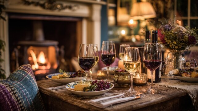 Cozy Dinner Setting by the Fireplace With Delicious Food and Fine Glasses of Wine for a Warm Evening Experience - Powered by Adobe