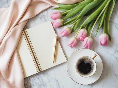 Elegant flat lay workspace design featuring gold accents and soft colors for inspiration