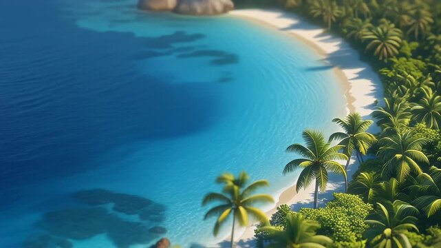 An aerial, tilt-shift view captures a pristine tropical island beach with azure waters and lush palm trees under bright sunlight.