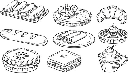 Dessert and pastry silhouette set, eclairs, tarts, crepes, bread, whipped cream, black line art, flat vector illustration