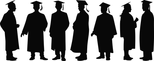 Graduation ceremony silhouettes, diverse student poses, academic success celebration, cap and gown, education milestone, flat vector illustration, black silhouette art