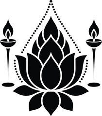 Lotus flower with torches silhouette, symmetrical spiritual design, black vector art, decorative sacred symbol, flat vector illustration