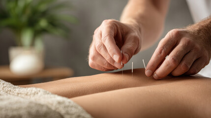 Obraz premium Acupuncture and Energy Flow Balancing Treatment in Clean Contemporary Wellness Environment