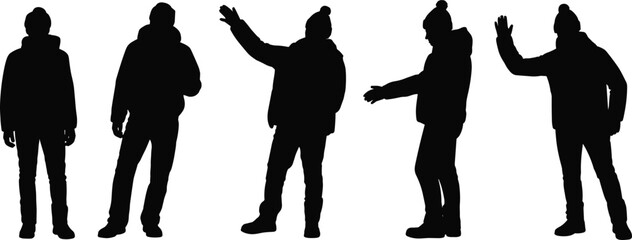 Winter clothing silhouette, person in multiple poses, jacket and hat, black vector art, gesture study, flat vector illustration