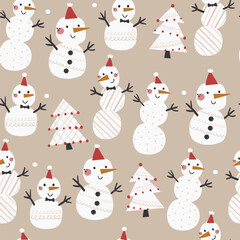 Vector Christmas seamless pattern with funny snowmen. Perfect for Christmas paper, fabric and gift designs