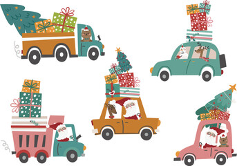 Santa, a snowman, a cat, and a reindeer driving cars delivering gifts. Perfect for greeting cards, clip art, children's stickers, nursery prints, DIY projects, winter crafts, and cozy seasonal illustr