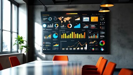 Modern conference room with business analytics dashboard displayed on projection screen