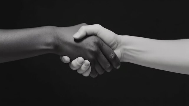 A monochrome image depicting two hands, one dark-skinned and one light-skinned, engaged in a symbolic handshake against a black background, representing unity and equality.