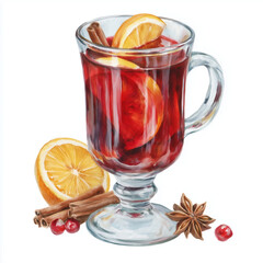 Watercolor illustration of hot mulled wine with orange, cinnamon, and berries. Beverage perfect for New Year, Christmas, holiday card.