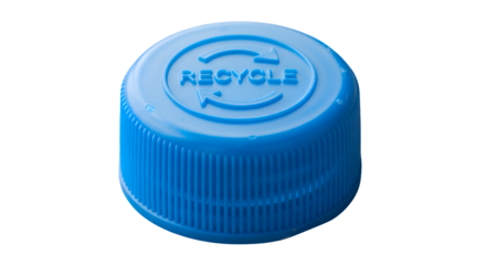 Blue plastic bottle cap with an embossed recycling symbol and 'RECYCLE' text, symbolizing eco-friendly packaging and environmental awareness, isolated on a clean transparent background