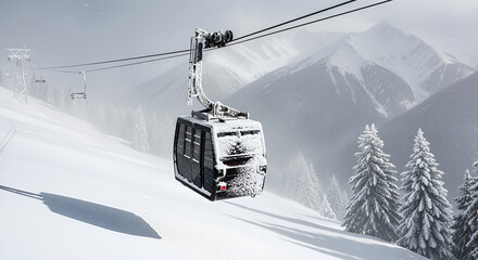 Cable car in blizzard snowy gondola cableway lift tramway gliding through whiteout, frozen cabin, alpine mountains and firs, harsh winter weather, endurance, travel resilience, adventure spirit