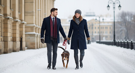 Couple walking dog in snow elegant pair strolling with hound on leash, winter city promenade, smiles romance urban lifestyle, love warmth in cold, relationship goals, weekend mood, fresh snowfall calm