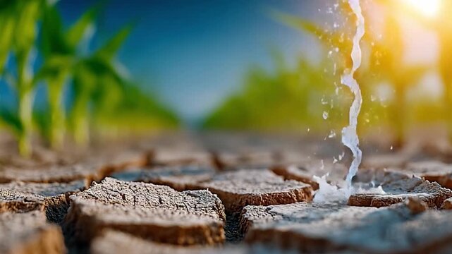 Life-Giving Essence: A visual narrative of transformation, with water revitalizing parched earth, symbolizing renewal and sustenance, in harmony with flourishing plant life and a clear sky.