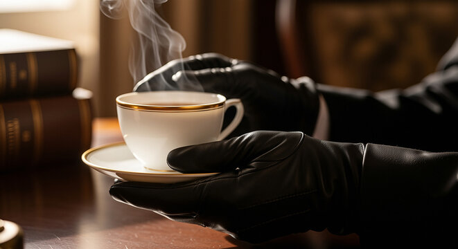 Gloved hands with tea cup black leather gloves hold steaming porcelain teacup with gold rim and saucer, warm drink ritual, luxury service, etiquette, refined mood, winter comfort, contrast textures - Powered by Adobe