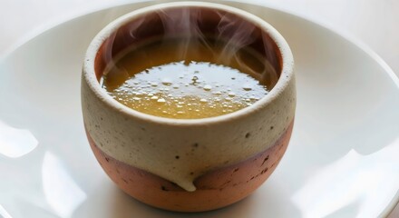 Golden bone broth served in rustic clay cup for wholesome restorative wellness and mindful simplicity