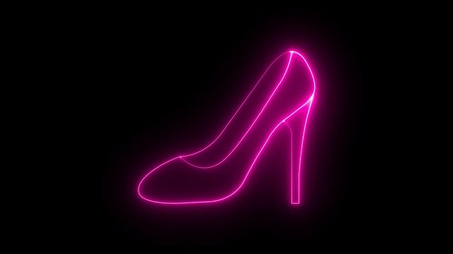 Glowing neon Woman shoe with high heel icon animation on black background. pink high heel shoe icon fashion themed high definition motion video.