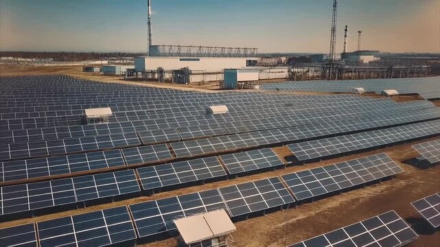 An aerial view showcases a vast solar panel array generating clean energy, with industrial structures visible in the background under a clear sky.