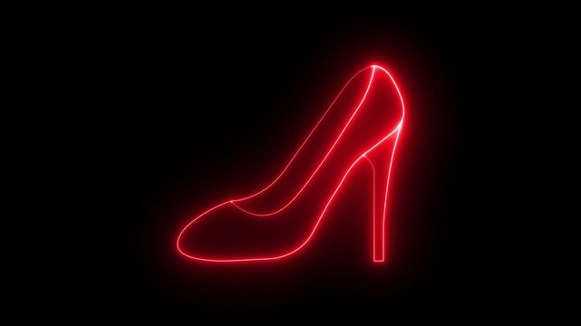 Glowing neon Woman shoe with high heel icon animation on black background. red high heel shoe icon fashion themed high definition motion video.