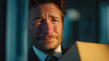 Emotional Farewell: A man with a sorrowful expression, clutching a cardboard box, reveals the weight of transition. Capturing the poignant emotions of letting go.
