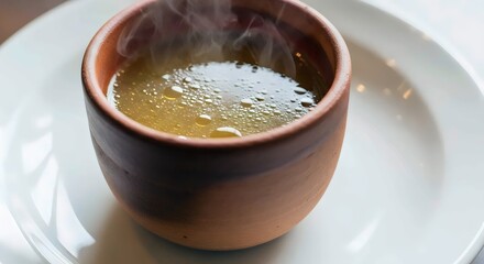 Rustic clay cup filled with golden bone broth for organic healing nutrition and sustainable lifestyle design