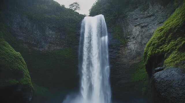 A majestic waterfall cascades into a rocky river, flanked by dark, moss-covered cliffs.