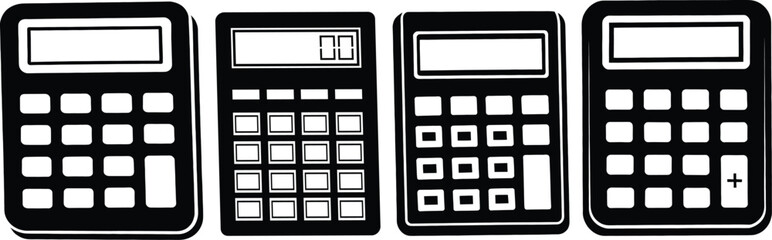 Calculator icons set &ndash; four black silhouette calculators, simple keypad display symbols for math, accounting vector