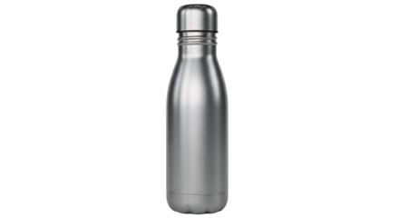 Sleek silver stainless steel insulated water bottle, ideal for maintaining drink temperature during daily activities and outdoor adventures, isolated on a clean transparent background