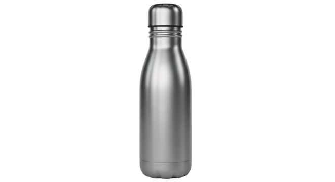 Sleek silver stainless steel insulated water bottle, ideal for maintaining drink temperature during daily activities and outdoor adventures, isolated on a clean transparent background