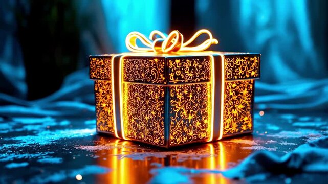 Illuminated ornate gift box with glowing patterns on a table