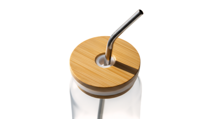 Sustainable beverage container clear glass jar with bamboo lid and metal straw, perfect for eco-conscious drinking, isolated on a clean transparent background