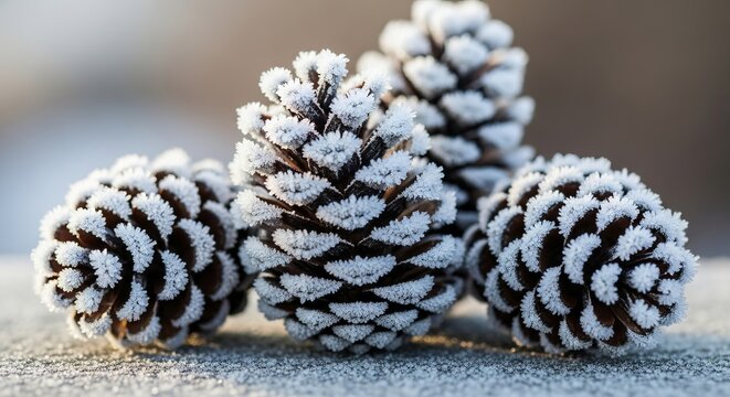 A close-up shot of frosted pinecones, their scales outlined in white ice crystals, set against a blurred background.