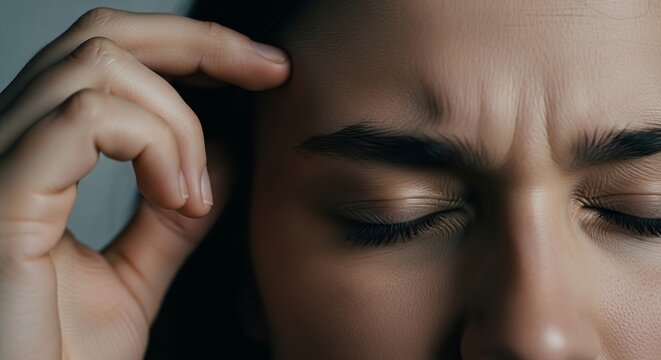 A close-up shot shows a person's forehead, eyes, and hand. The person's eyes are closed, and their brow is furrowed, suggesting distress or deep thought.