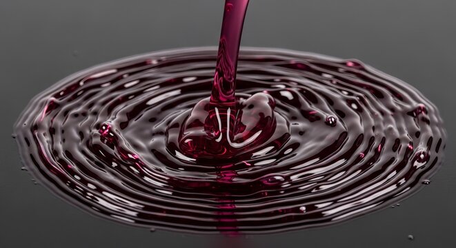A deep crimson liquid pours onto a dark, reflective surface, creating concentric ripples and small bubbles. - Powered by Adobe