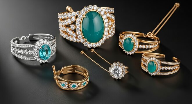A collection of luxury jewelry featuring gold and silver settings, adorned with emerald-green and turquoise oval gemstones and numerous sparkling diamonds. - Powered by Adobe