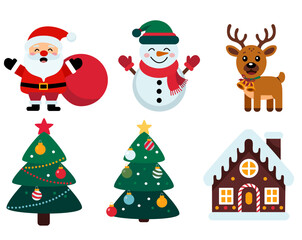 Christmas icons set. Santa Claus, Christmas trees with toys, reindeer, snowy cabin