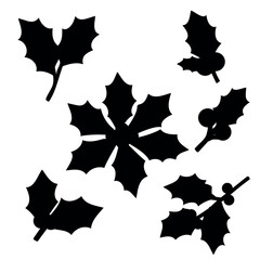 A versatile set of holly leaf and berry silhouettes. This collection includes various compositions, such as individual leaves, branches with berries, and a star-shaped cluster of leaves, perfect as gr