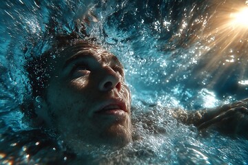 Faceless athlete hydrotherapy pool using floatation support water ripples visible bright therapeutic atmosphere