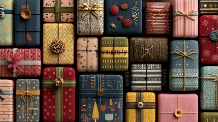 Overhead View of Various Gift Boxes with Unique Patterns and Ribbons present wrapped gift photo