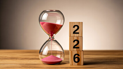 Glass hourglass with pink sand beside stacked wooden blocks forming “226” on wood surface, time and countdown concept